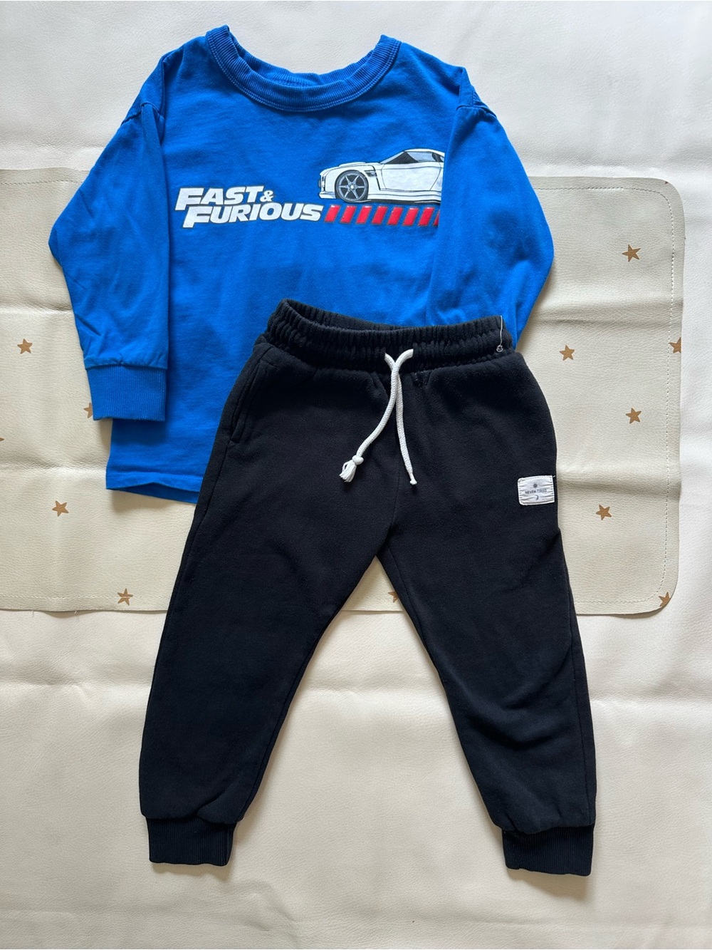 4 CottonOn Blue Kids Long Sleeve Car Graphic Tee and Black Jogger Set